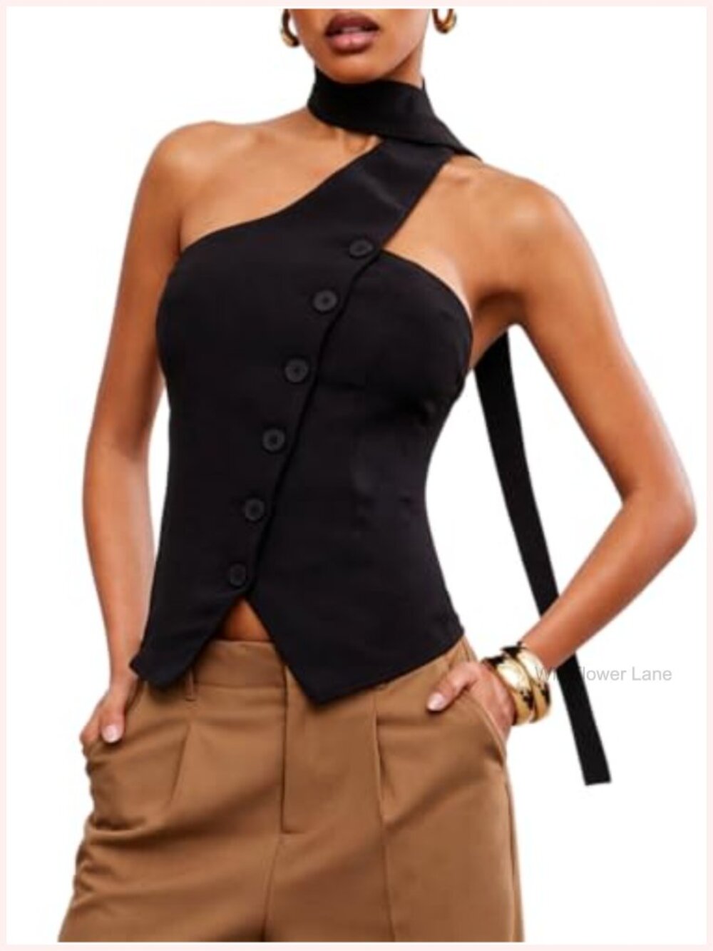 Backless Halter Tank Top with Button Front and Scarf - Sleeveless
